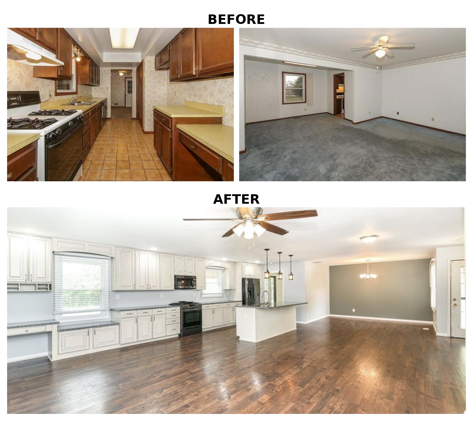 Kitchen and living room before and after renovation
