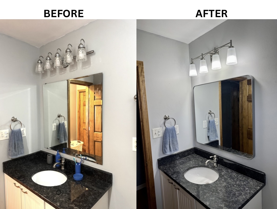 Bathroom vanity light fixture and mirror before and after upgrade