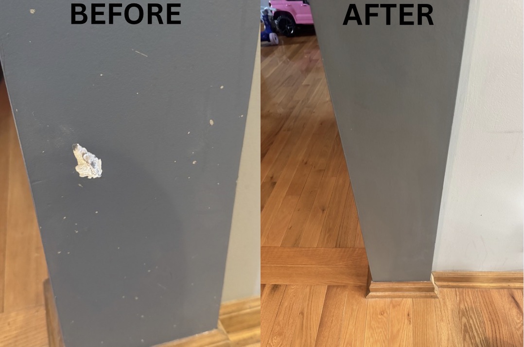 Wall corner before and after drywall repair and paint