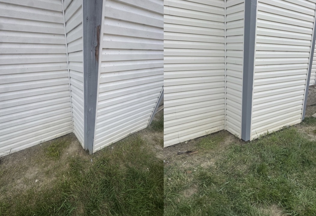 Exterior siding and trim before and after repair